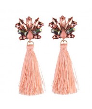 Vintage Style Gems Combined Flower Shining Fashion Cotton Threads Tassel Stud Earrings - Light Orange