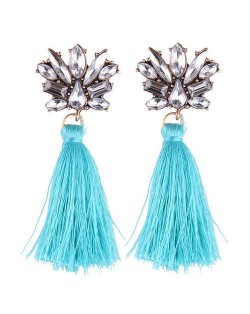 Vintage Style Gems Combined Flower Shining Fashion Cotton Threads Tassel Stud Earrings - Blue
