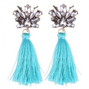 Vintage Style Gems Combined Flower Shining Fashion Cotton Threads Tassel Stud Earrings - Blue