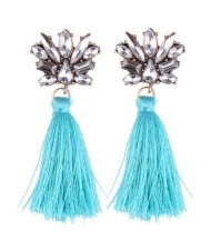 Vintage Style Gems Combined Flower Shining Fashion Cotton Threads Tassel Stud Earrings - Blue