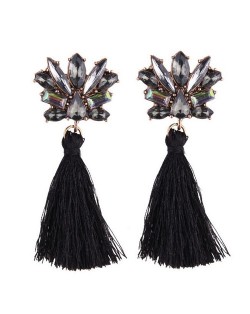 Vintage Style Gems Combined Flower Shining Fashion Cotton Threads Tassel Stud Earrings - Black