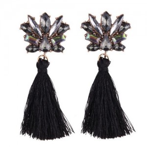 Vintage Style Gems Combined Flower Shining Fashion Cotton Threads Tassel Stud Earrings - Black