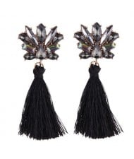 Vintage Style Gems Combined Flower Shining Fashion Cotton Threads Tassel Stud Earrings - Black