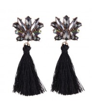 Vintage Style Gems Combined Flower Shining Fashion Cotton Threads Tassel Stud Earrings - Black
