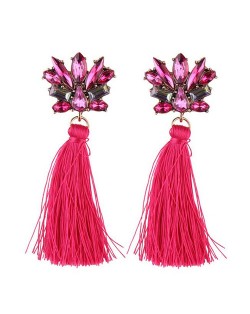 Vintage Style Gems Combined Flower Shining Fashion Cotton Threads Tassel Stud Earrings - Rose