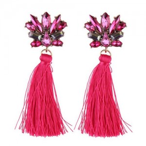 Vintage Style Gems Combined Flower Shining Fashion Cotton Threads Tassel Stud Earrings - Rose