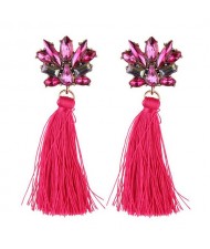 Vintage Style Gems Combined Flower Shining Fashion Cotton Threads Tassel Stud Earrings - Rose