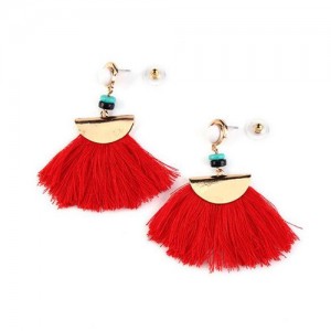 High Fashion Folk Style Cotton Threads Tassel Stud Earrings - Red