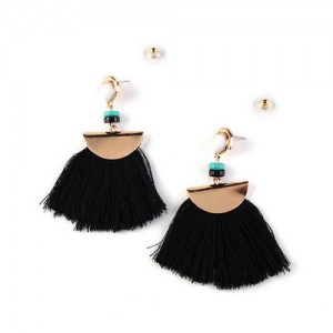 High Fashion Folk Style Cotton Threads Tassel Stud Earrings - Black