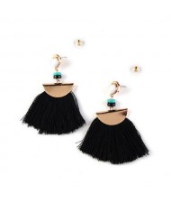 High Fashion Folk Style Cotton Threads Tassel Stud Earrings - Black
