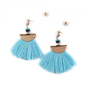 High Fashion Folk Style Cotton Threads Tassel Stud Earrings - Blue