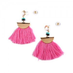High Fashion Folk Style Cotton Threads Tassel Stud Earrings - Rose