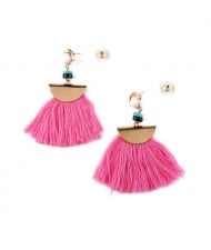 High Fashion Folk Style Cotton Threads Tassel Stud Earrings - Rose