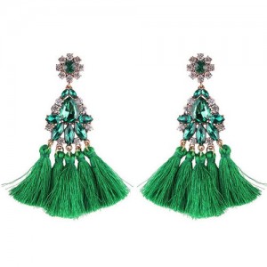 Rhinestone and Gems Glistening Flower Cotton Threads Tassel Stud Earrings - Green
