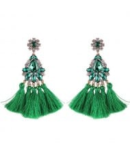 Rhinestone and Gems Glistening Flower Cotton Threads Tassel Stud Earrings - Green