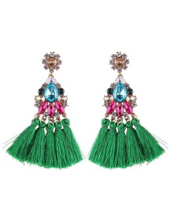 Rhinestone and Gems Glistening Flower Cotton Threads Tassel Stud Earrings - Colorful Green