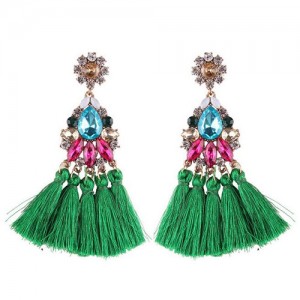 Rhinestone and Gems Glistening Flower Cotton Threads Tassel Stud Earrings - Colorful Green