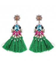 Rhinestone and Gems Glistening Flower Cotton Threads Tassel Stud Earrings - Colorful Green