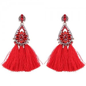 Rhinestone Embellished Hollow Waterdrops Cotton Threads Tassel Stud Earrings - Red