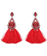 Rhinestone Embellished Hollow Waterdrops Cotton Threads Tassel Stud Earrings - Red
