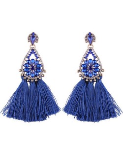 Rhinestone Embellished Hollow Waterdrops Cotton Threads Tassel Stud Earrings - Blue