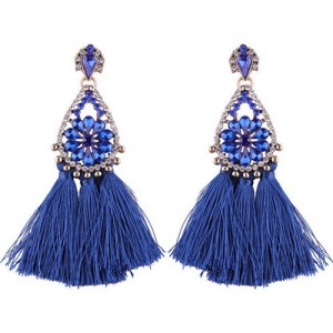 Rhinestone Embellished Hollow Waterdrops Cotton Threads Tassel Stud Earrings - Blue