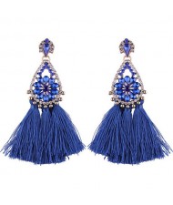 Rhinestone Embellished Hollow Waterdrops Cotton Threads Tassel Stud Earrings - Blue