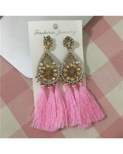 Rhinestone Embellished Hollow Waterdrops Cotton Threads Tassel Stud Earrings - Pink