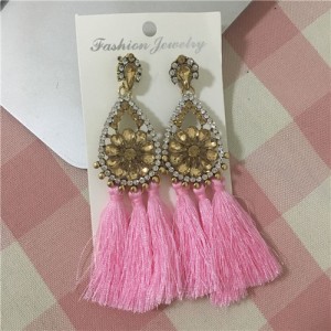 Rhinestone Embellished Hollow Waterdrops Cotton Threads Tassel Stud Earrings - Pink