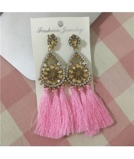 Rhinestone Embellished Hollow Waterdrops Cotton Threads Tassel Stud Earrings - Pink
