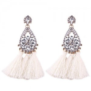 Rhinestone Embellished Hollow Waterdrops Cotton Threads Tassel Stud Earrings - White