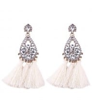 Rhinestone Embellished Hollow Waterdrops Cotton Threads Tassel Stud Earrings - White