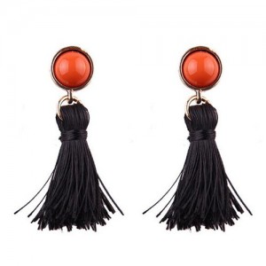 Vintage Plain Fashion Cotton Threads Tassel Stud Earrings - Black
