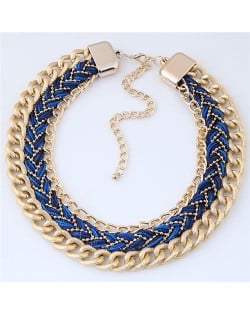 Weaving Rope and Chunky Golden Chain Combo Design Dual Layers Costume Necklace - Blue
