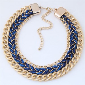 Weaving Rope and Chunky Golden Chain Combo Design Dual Layers Costume Necklace - Blue