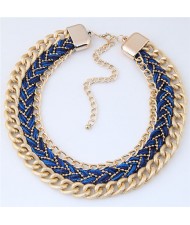 Weaving Rope and Chunky Golden Chain Combo Design Dual Layers Costume Necklace - Blue