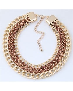 Weaving Rope and Chunky Golden Chain Combo Design Dual Layers Costume Necklace - Brown