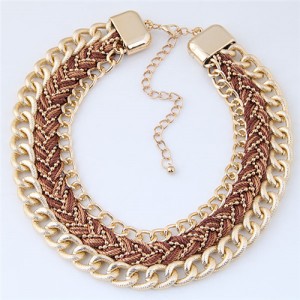 Weaving Rope and Chunky Golden Chain Combo Design Dual Layers Costume Necklace - Brown