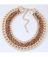 Weaving Rope and Chunky Golden Chain Combo Design Dual Layers Costume Necklace - Brown