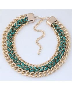 Weaving Rope and Chunky Golden Chain Combo Design Dual Layers Costume Necklace - Green