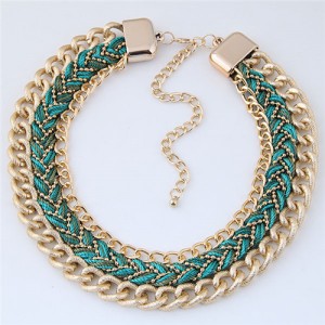 Weaving Rope and Chunky Golden Chain Combo Design Dual Layers Costume Necklace - Green