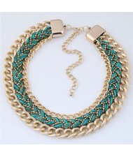 Weaving Rope and Chunky Golden Chain Combo Design Dual Layers Costume Necklace - Green