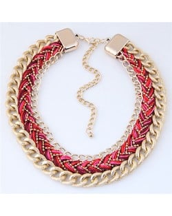 Weaving Rope and Chunky Golden Chain Combo Design Dual Layers Costume Necklace - Red