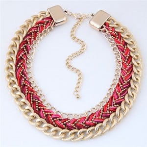 Weaving Rope and Chunky Golden Chain Combo Design Dual Layers Costume Necklace - Red