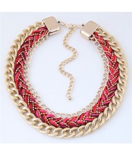 Weaving Rope and Chunky Golden Chain Combo Design Dual Layers Costume Necklace - Red