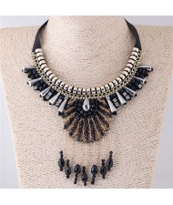 Black Crystal Beads and Alloy Combo Fashion Ribbon Costume Necklace