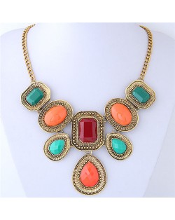 Assorted Colors Resin Gems Inlaid Vintage Geometric Design Women Costume Necklace