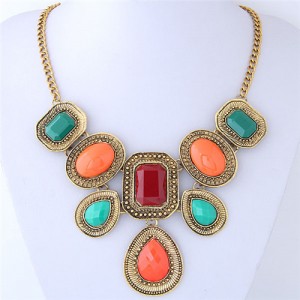 Assorted Colors Resin Gems Inlaid Vintage Geometric Design Women Costume Necklace