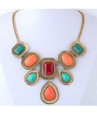 Assorted Colors Resin Gems Inlaid Vintage Geometric Design Women Costume Necklace