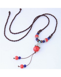 Bohemian Fashion Ceramic Beads Weaving Rope Design Long Style Costume Necklace - Red